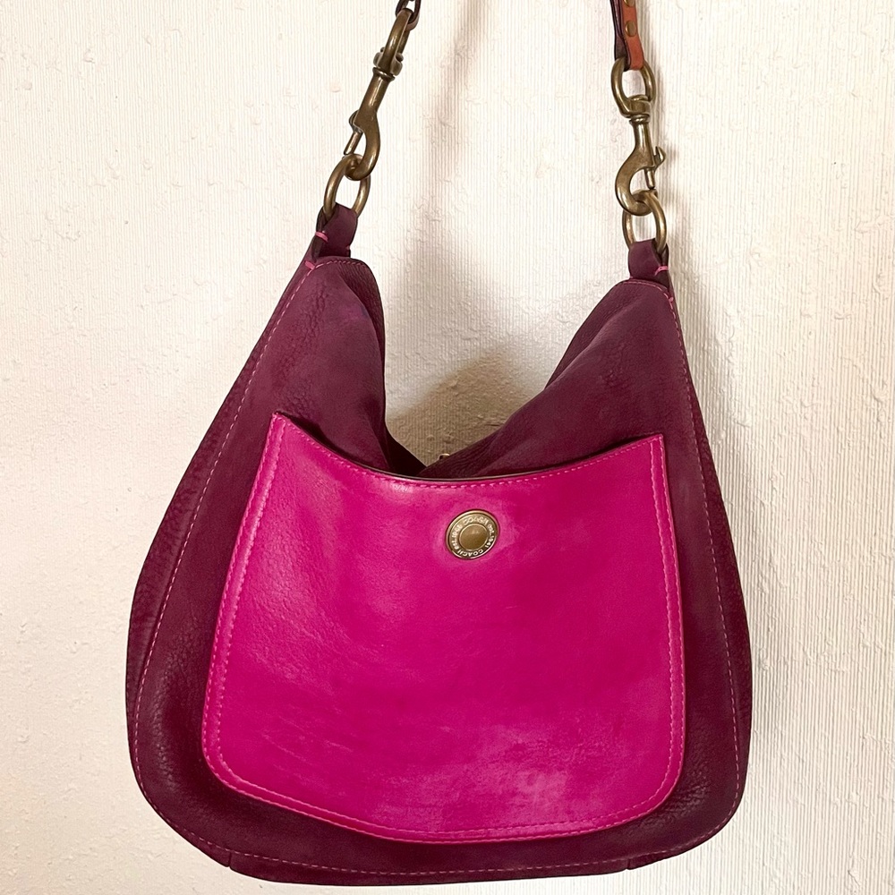 Coach Shoulder Bag Plum Pebbled Leather Brown Strap Gently Worn